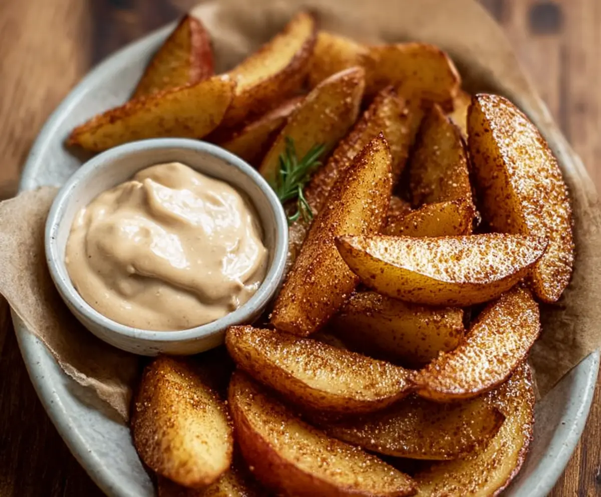 Delicious air fried apple wedges topped with caramel whipped cream served with a dipping sauce.