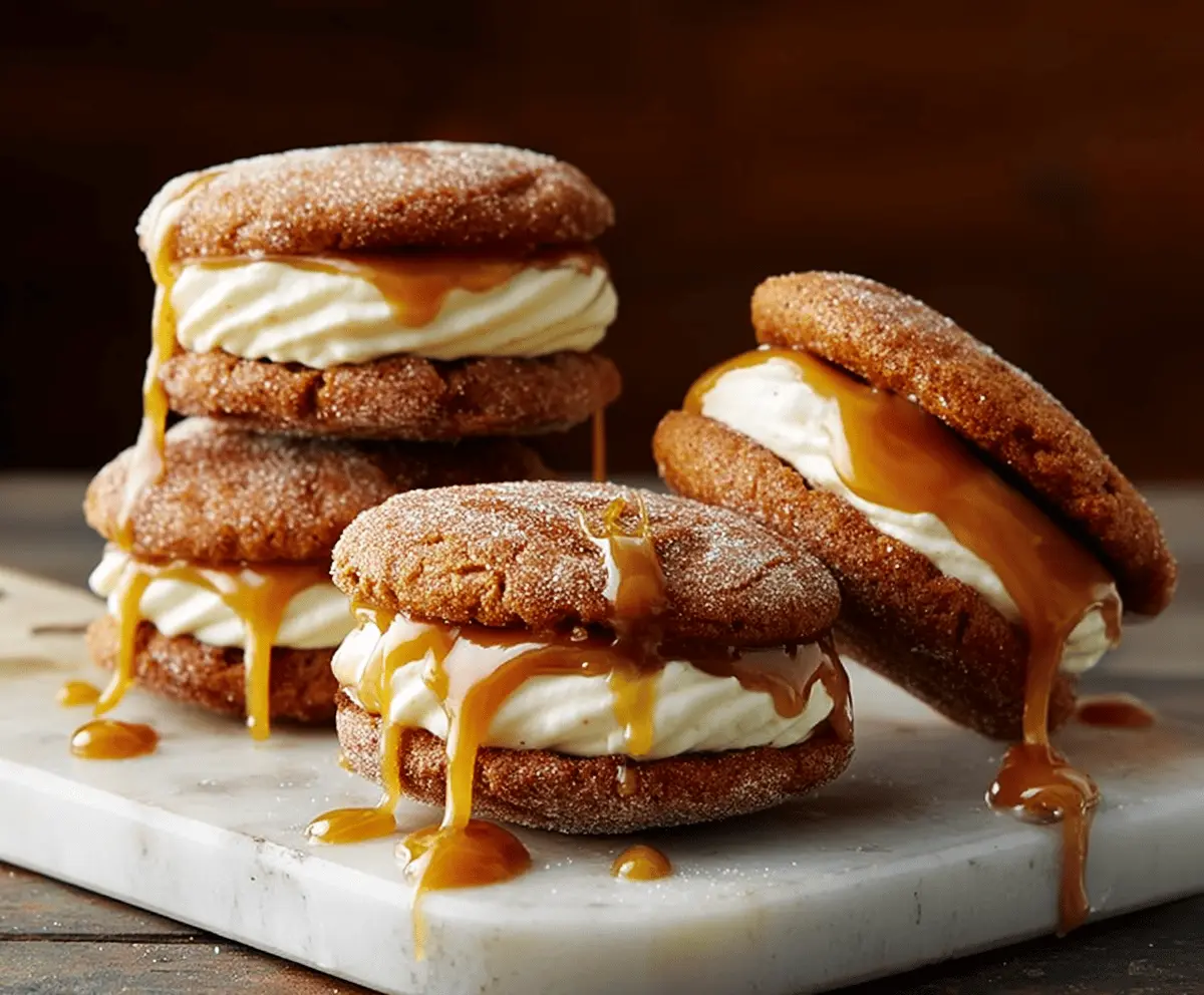 Delicious Apple Cider Whoopie Pie Cookies filled with creamy caramel and garnished with apple slices.