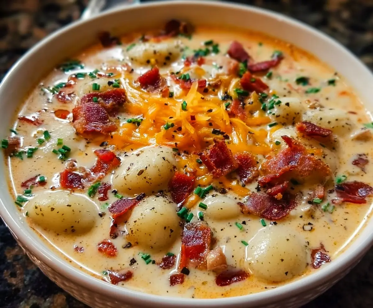 Creamy Bacon Cheddar Gnocchi Soup with crispy bacon and melted cheddar cheese in a bowl.