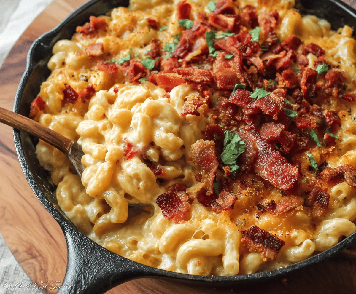 Creamy bacon mac and cheese served in a bowl, topped with crispy bacon pieces and herbs