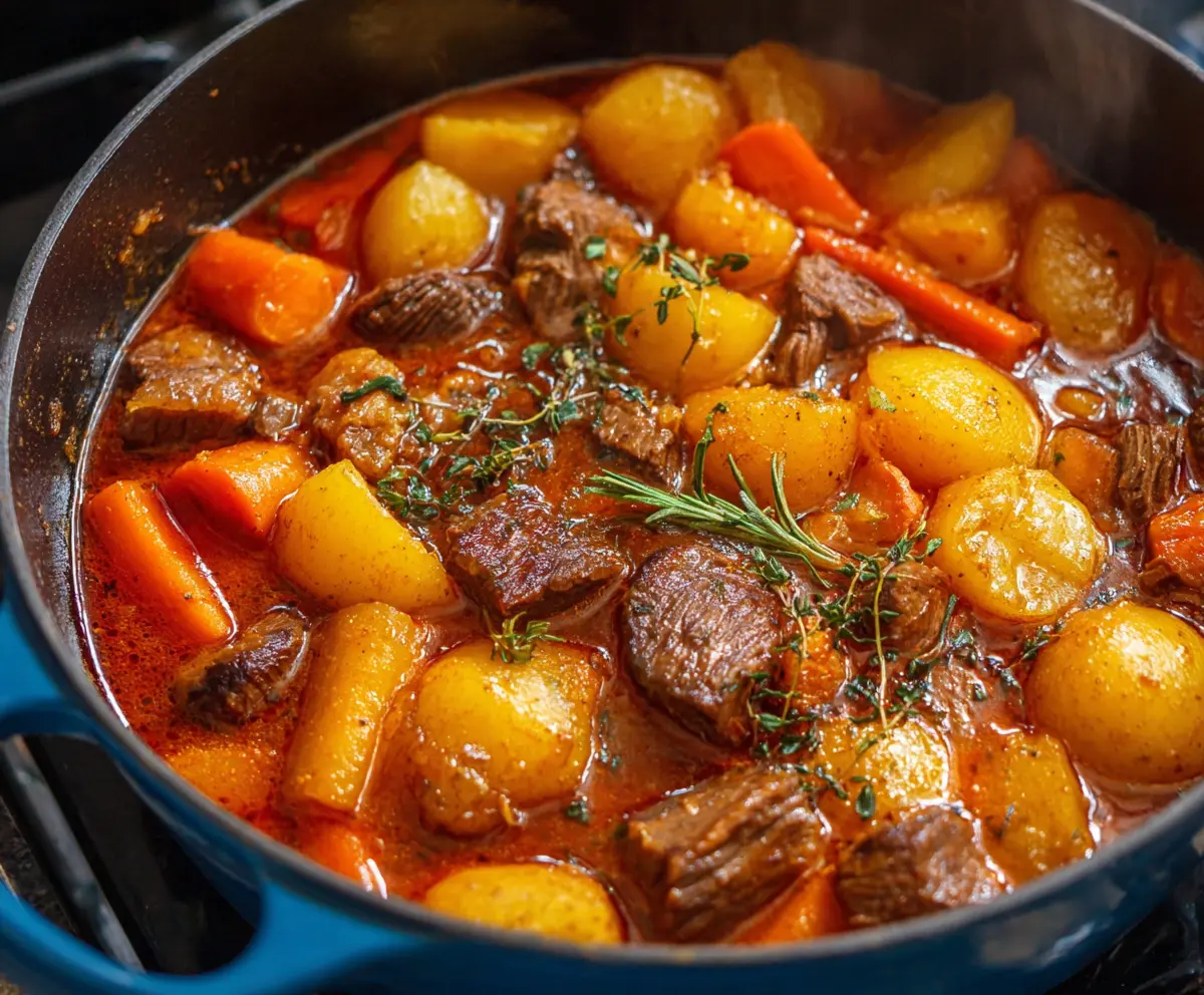 Hearty beef and potato stew in a rustic bowl, perfect for a comforting homemade meal.