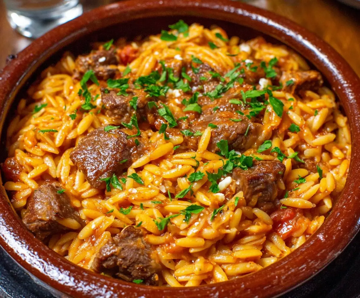 Delicious Beef Giouvetsi Greek beef and orzo pasta dish served in a rustic bowl