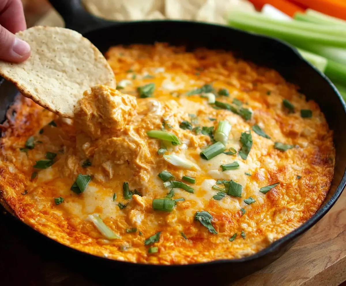 Creamy buffalo chicken dip in a bowl with blue cheese and celery for a spicy appetizer.