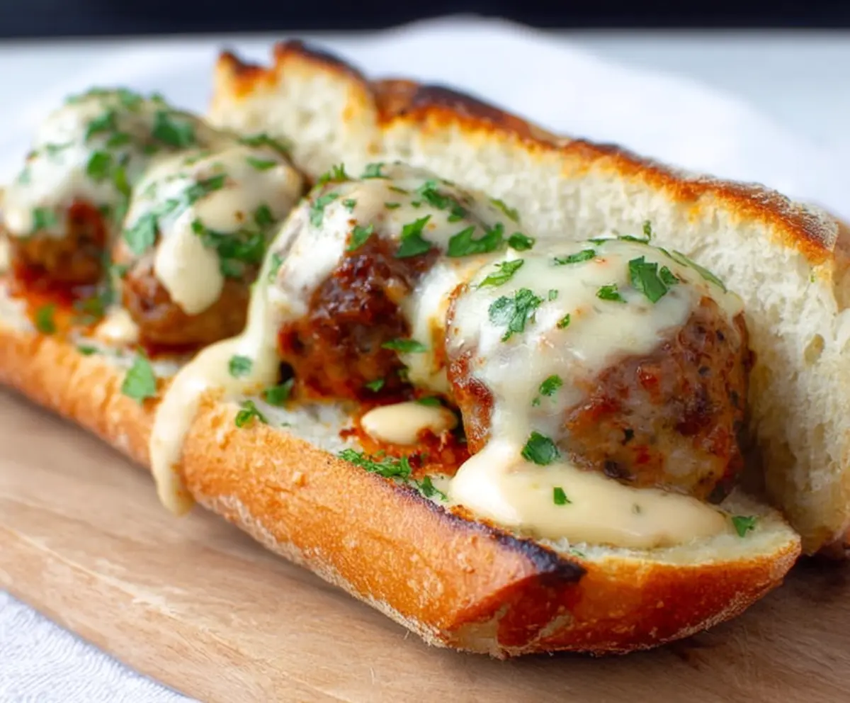 Delicious cheesy meatball sub sandwich with melted cheese and savory meatballs in a crusty bun.