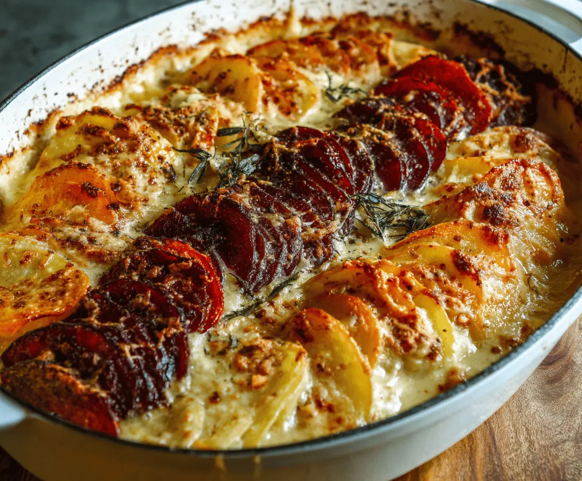 Delicious cheesy root vegetable gratin with golden melted cheese and colorful root vegetables