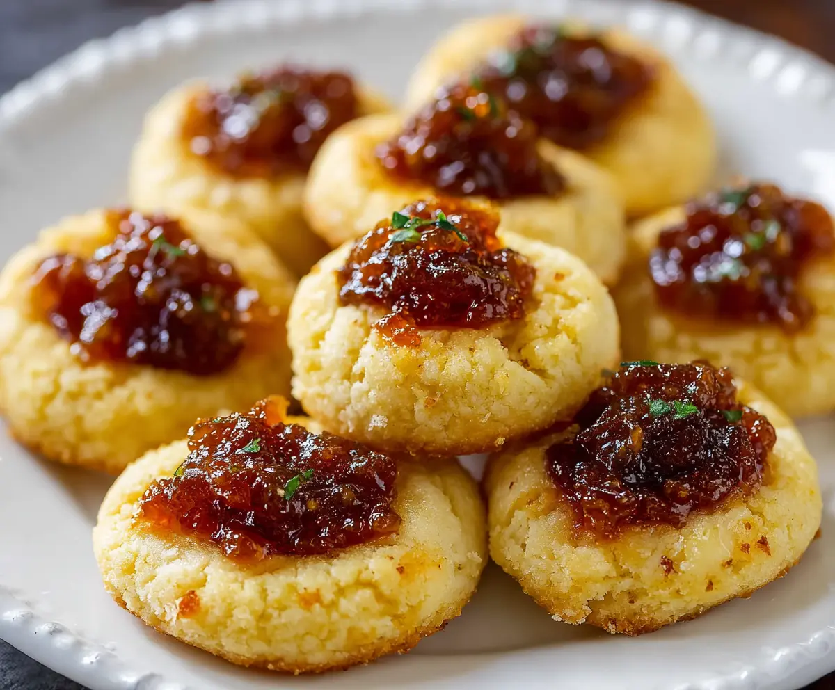 Cheesy thumbprint appetizers topped with hot pepper jelly on a platter, perfect for parties.
