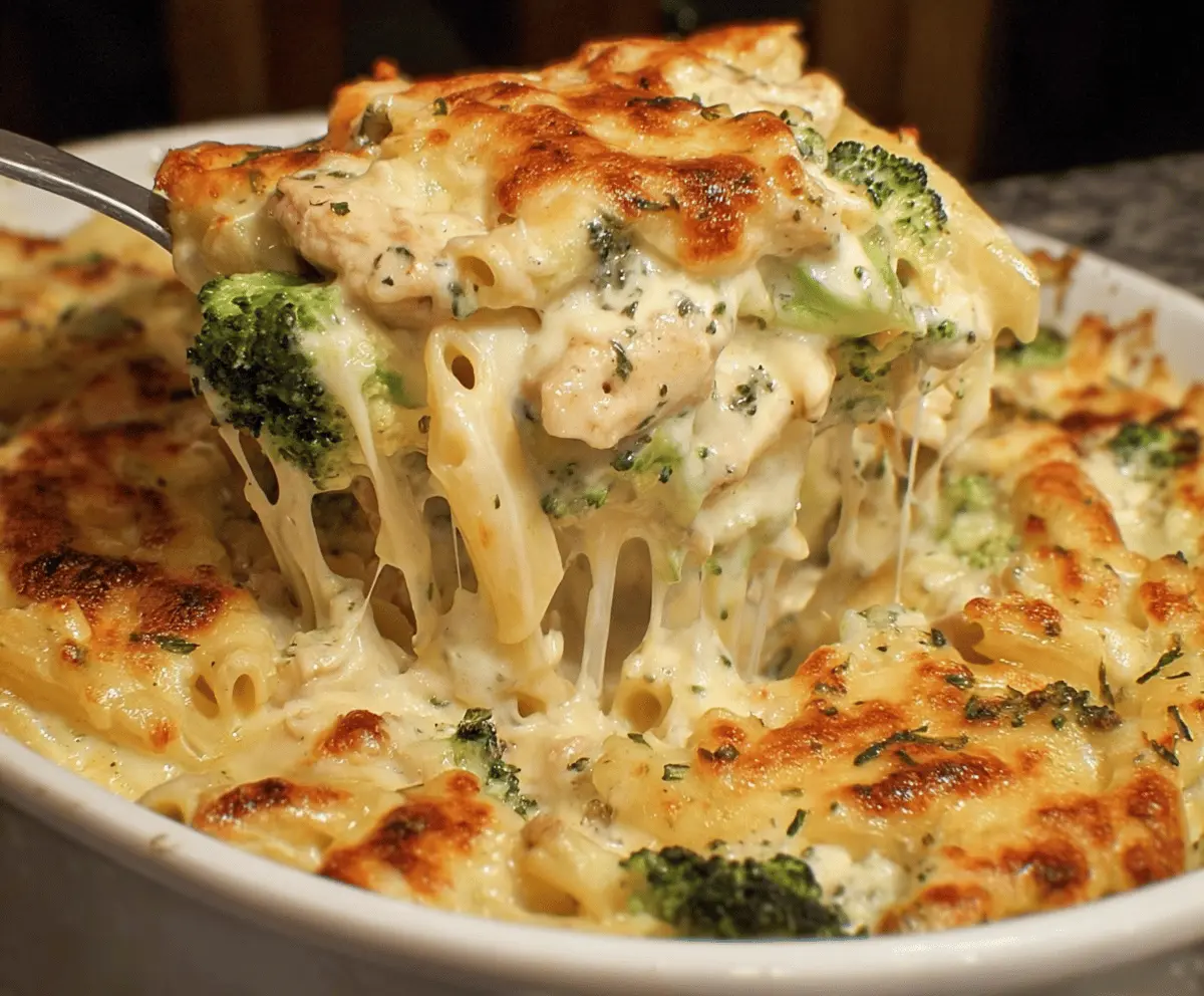 Delicious Chicken and Broccoli Alfredo Bake in a serving dish with melted cheese and fresh ingredients.
