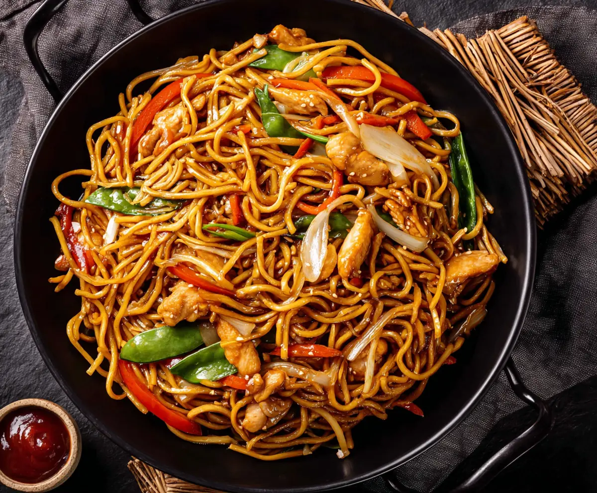 Delicious Chicken Chow Mein with stir-fried noodles and fresh vegetables on a white plate