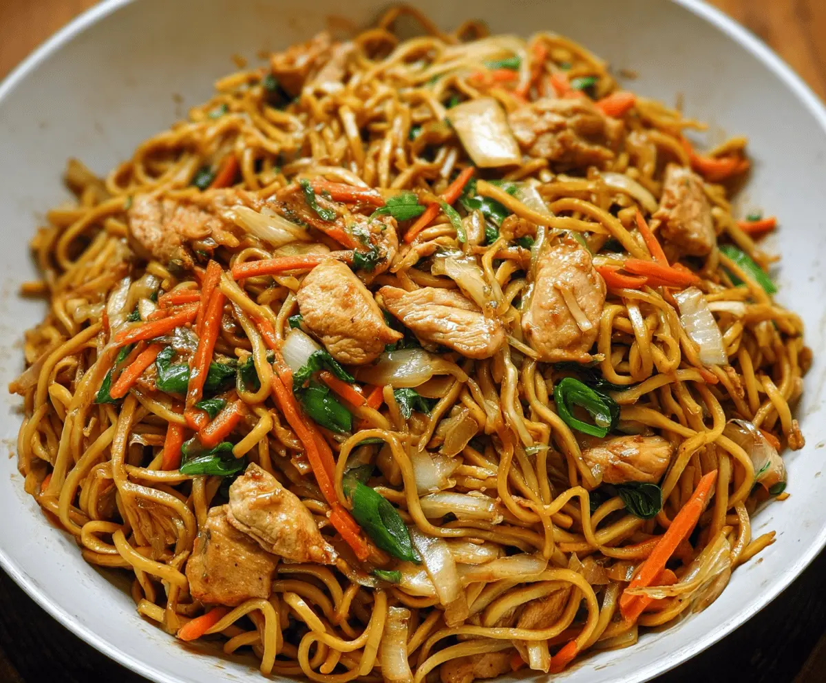 Delicious Chicken Chow Mein with stir-fried noodles and colorful vegetables on a plate.