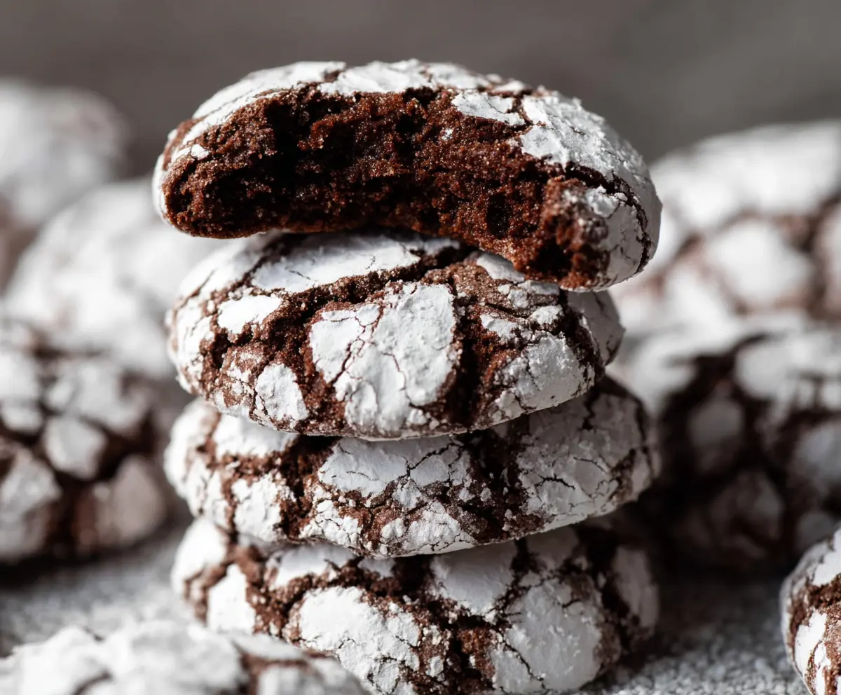 Delicious chocolate crinkle cookies dusted with powdered sugar, perfect for dessert or snack time.