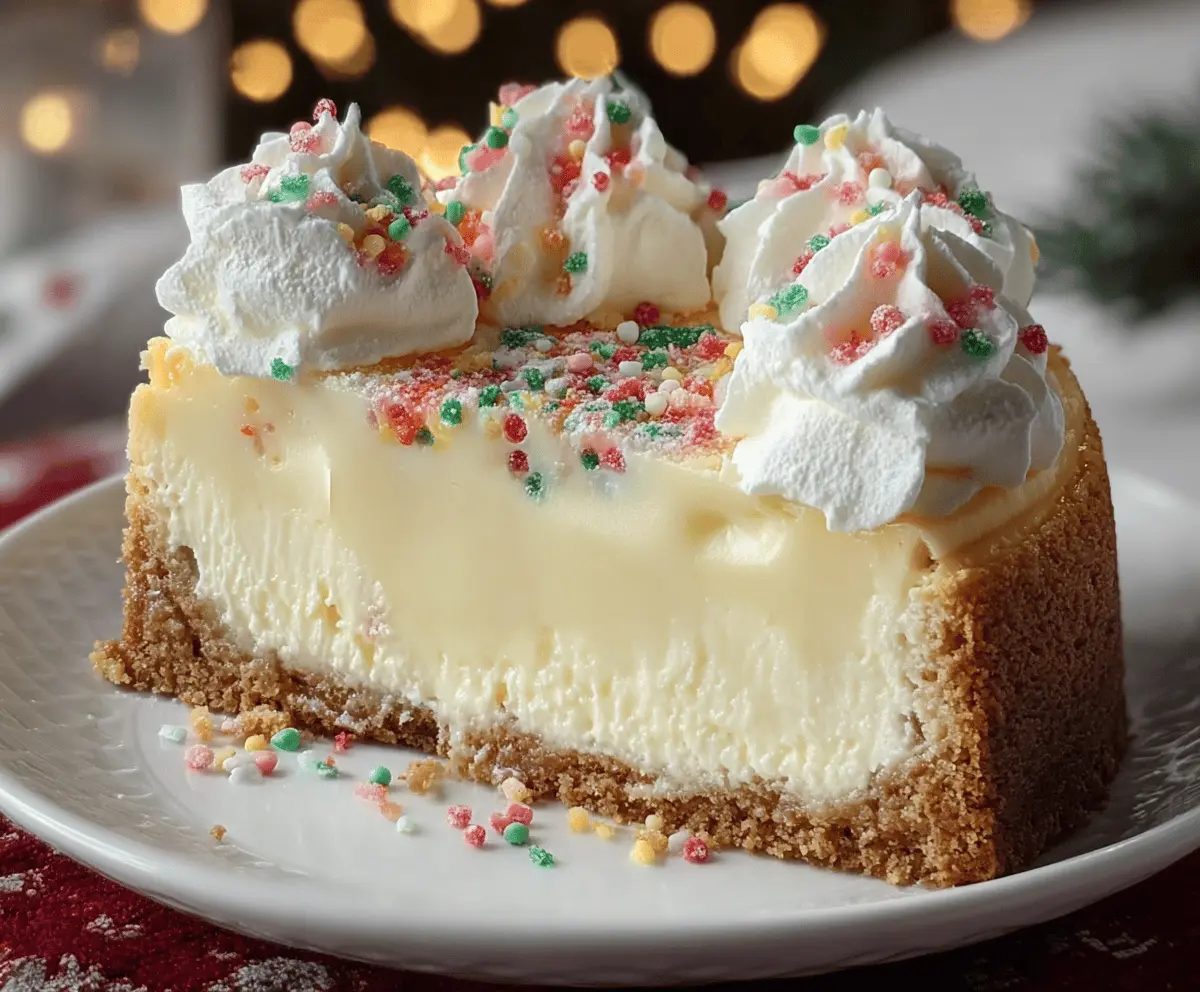 Delicious Christmas Sugar Cookie Cheesecake topped with festive decorations and colorful sprinkles.