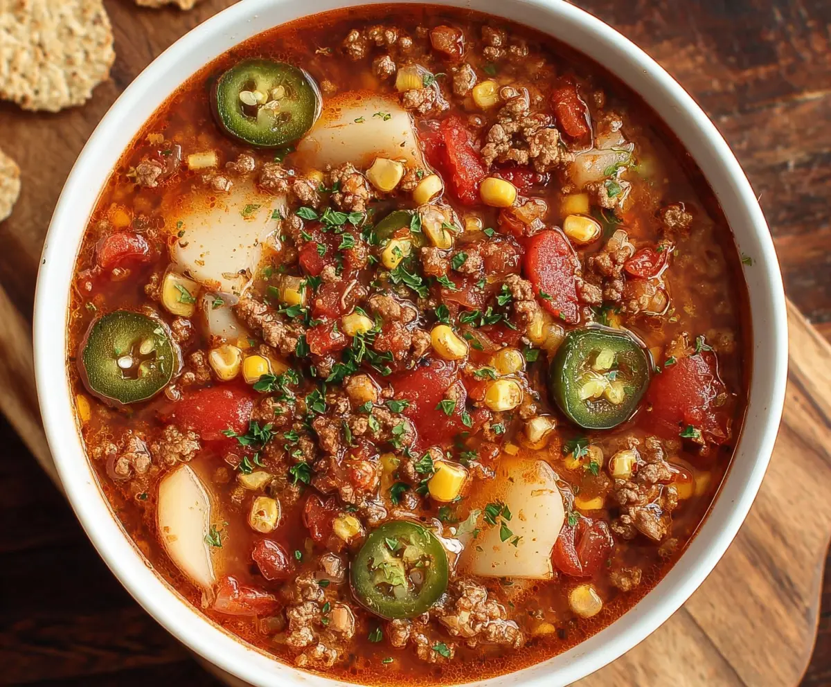 Hearty cowboy soup with beans, beef, and vegetables in a rustic bowl, perfect for a comforting meal.