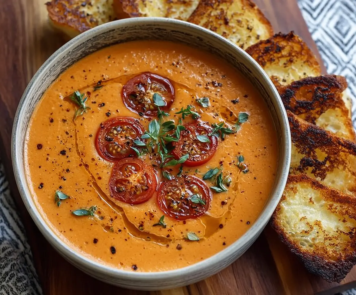 Creamy roasted garlic tomato soup in a bowl, garnished with fresh basil leaves.