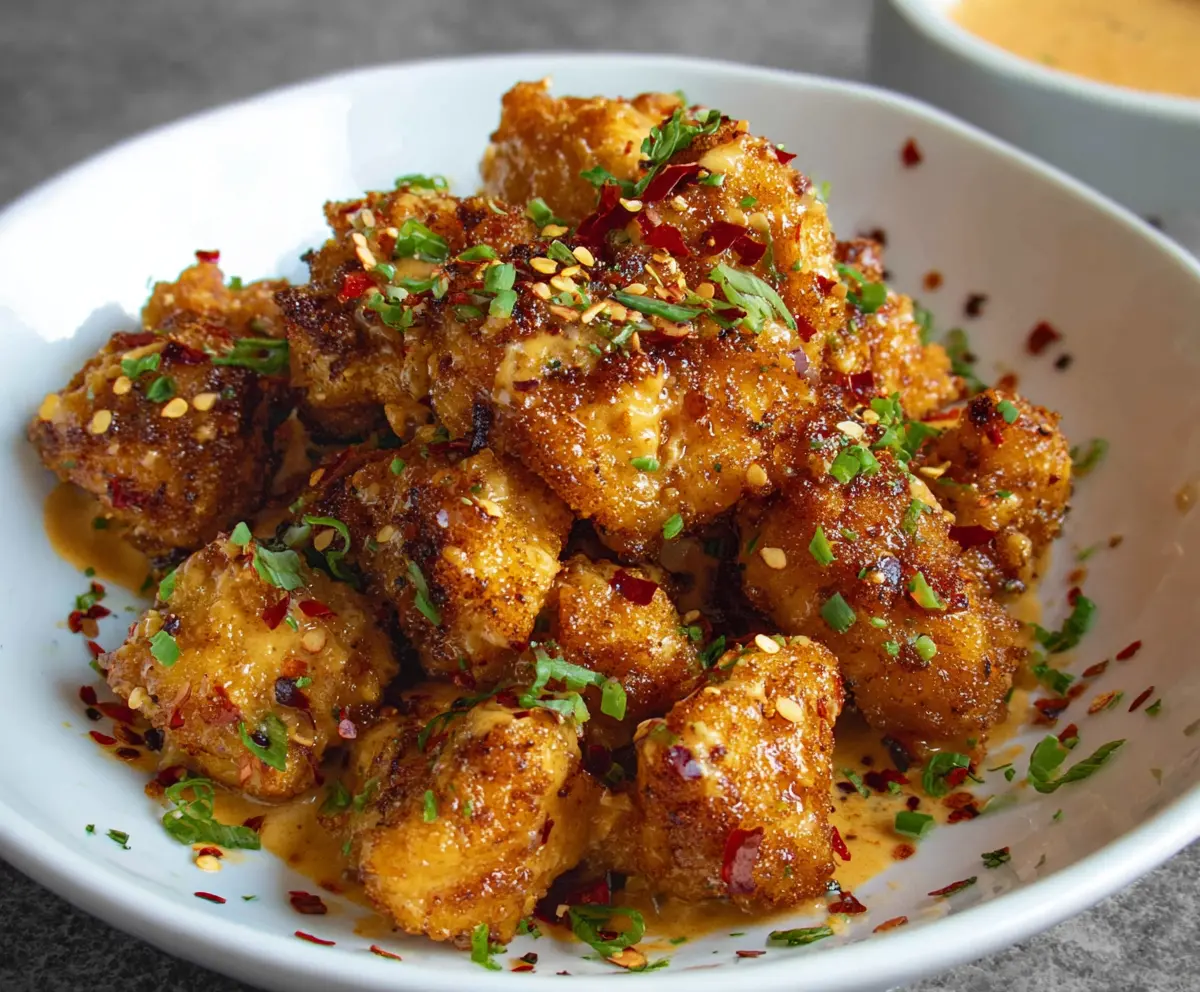 Crispy Bang Bang Chicken served with a side of fresh vegetables on a white plate.