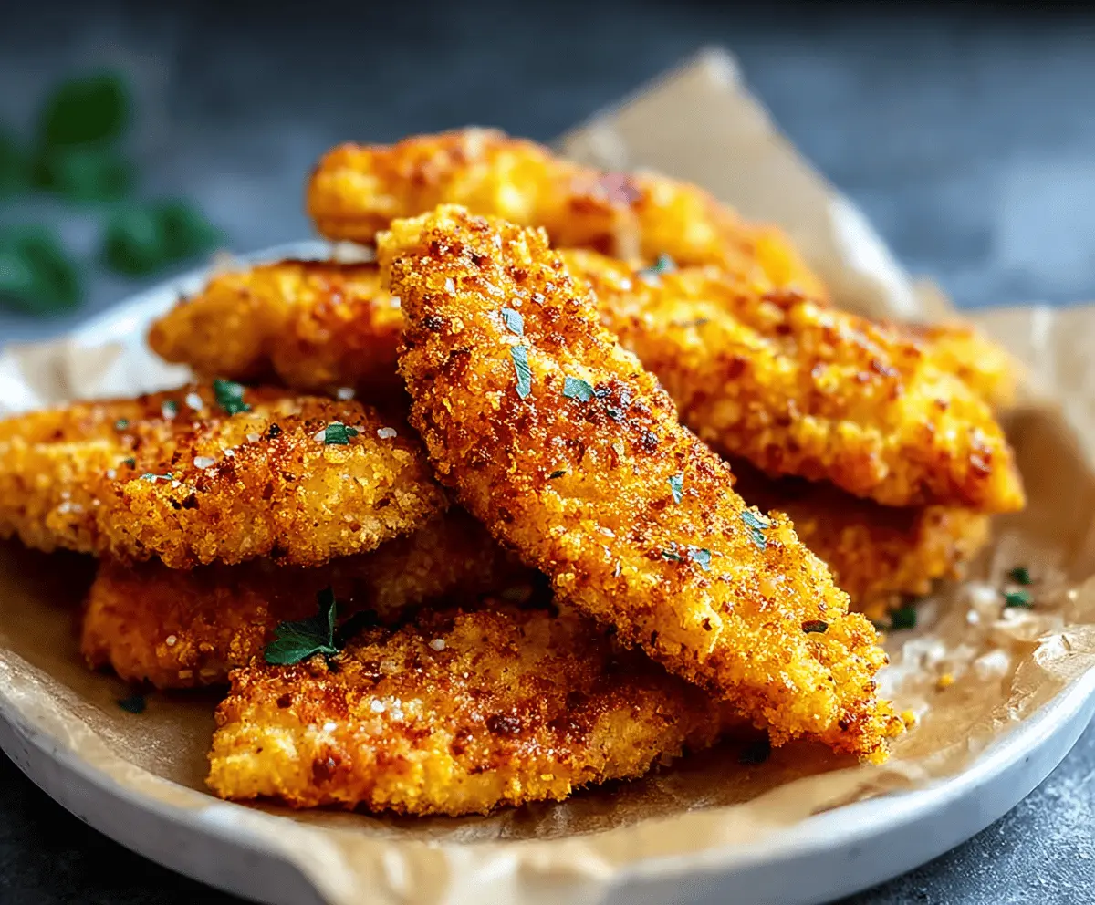 Golden crispy homemade baked chicken tenders served on a plate for a tasty, healthy meal.