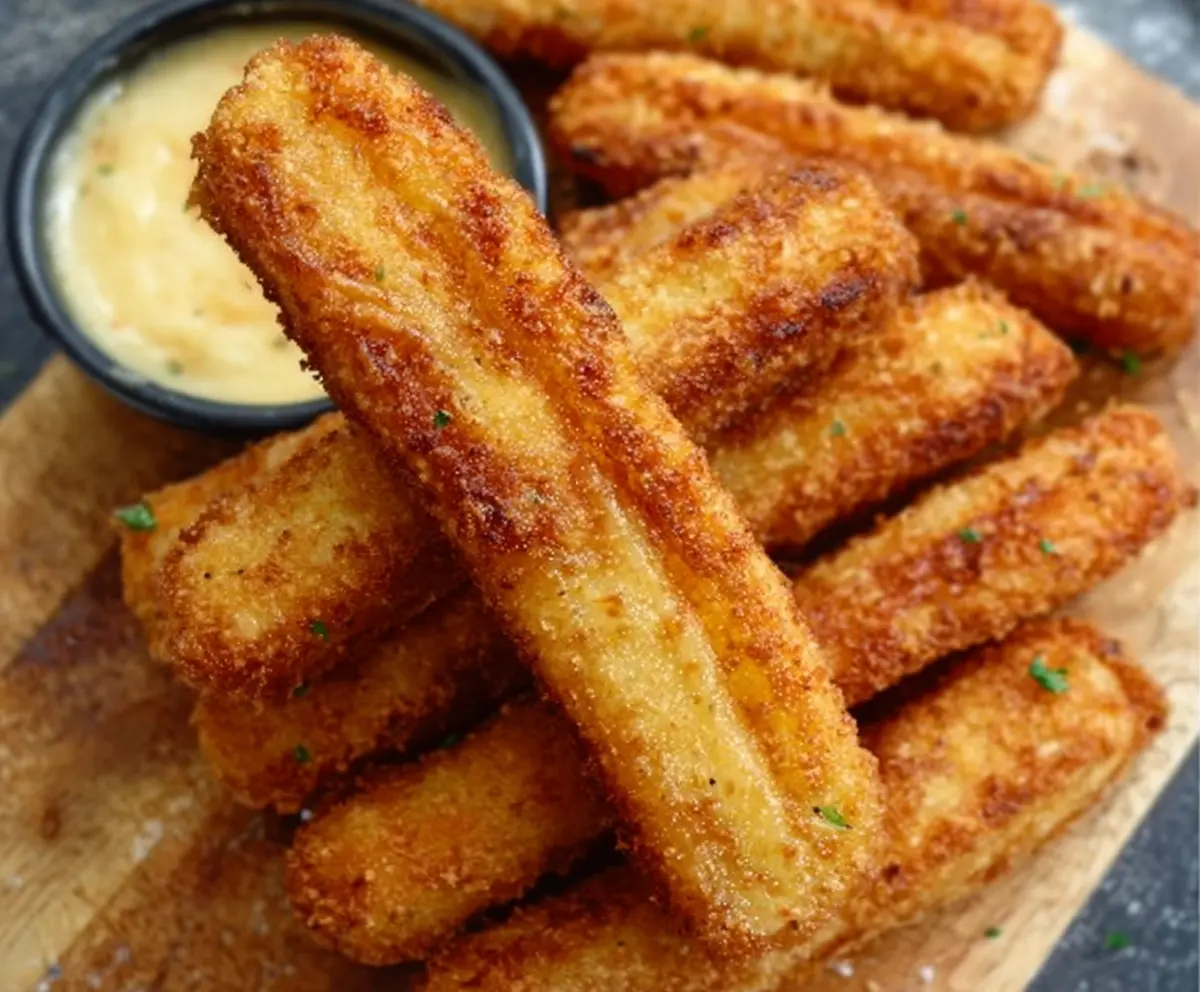 Crispy Hungarian potato cheese sticks served on a plate, perfect for snacking.