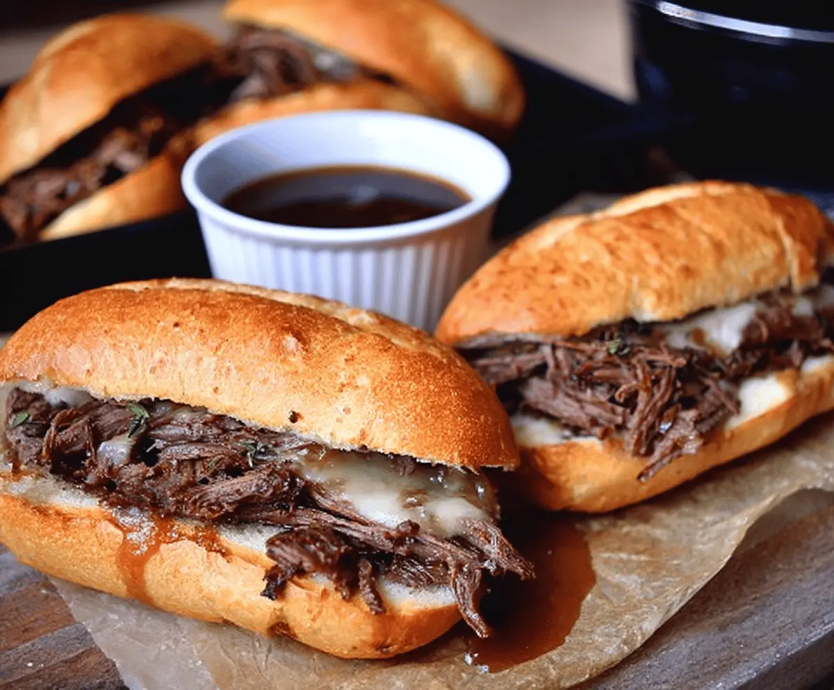 Slow cooker French dip sandwiches with tender roast beef and melted cheese served on toasted buns.