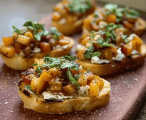Close-up of fall-inspired bruschetta topped with roasted butternut squash and sliced apples on a rustic plate.
