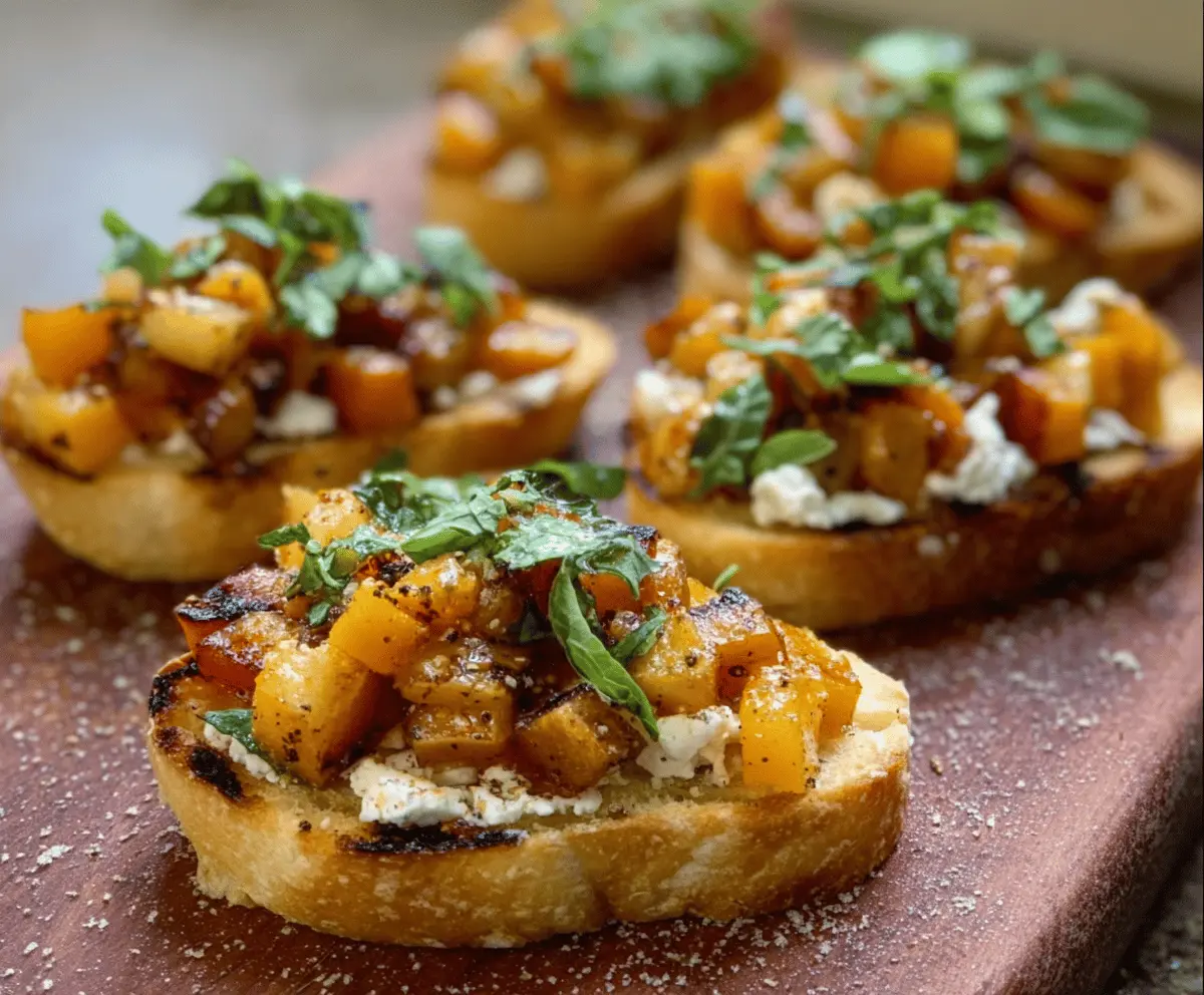 Close-up of fall-inspired bruschetta topped with roasted butternut squash and sliced apples on a rustic plate.
