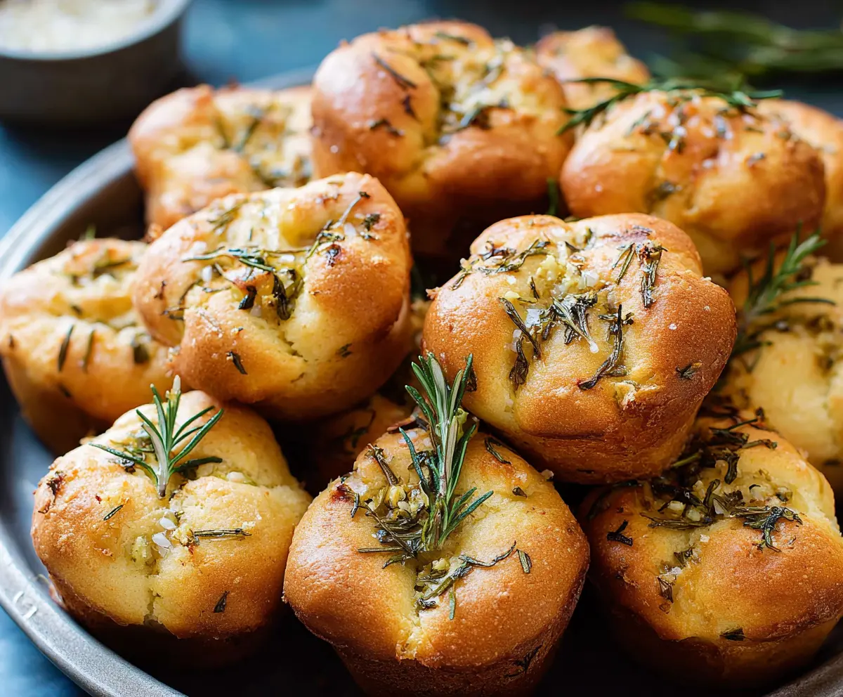Delicious homemade garlic rosemary focaccia muffins with golden crust and fresh herbs.