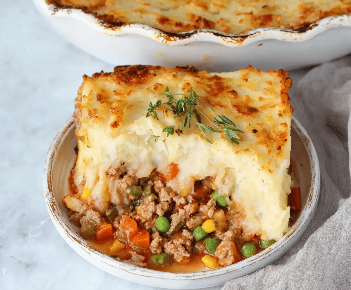 Delicious easy ground turkey shepherd's pie with mashed potatoes and hearty turkey filling