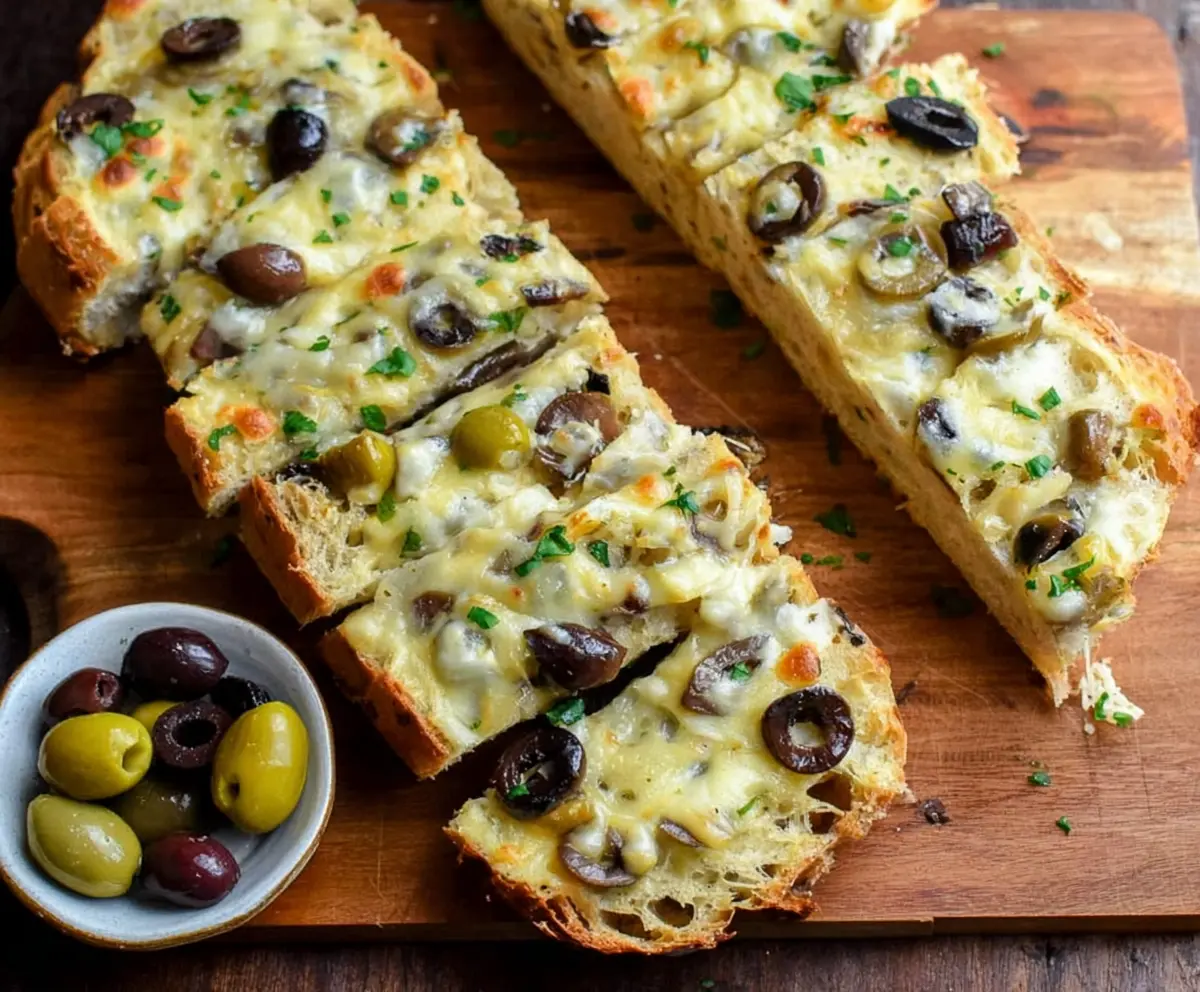 Delicious Olive Cheese Bread appetizer on a serving platter, perfect for parties and snacks.