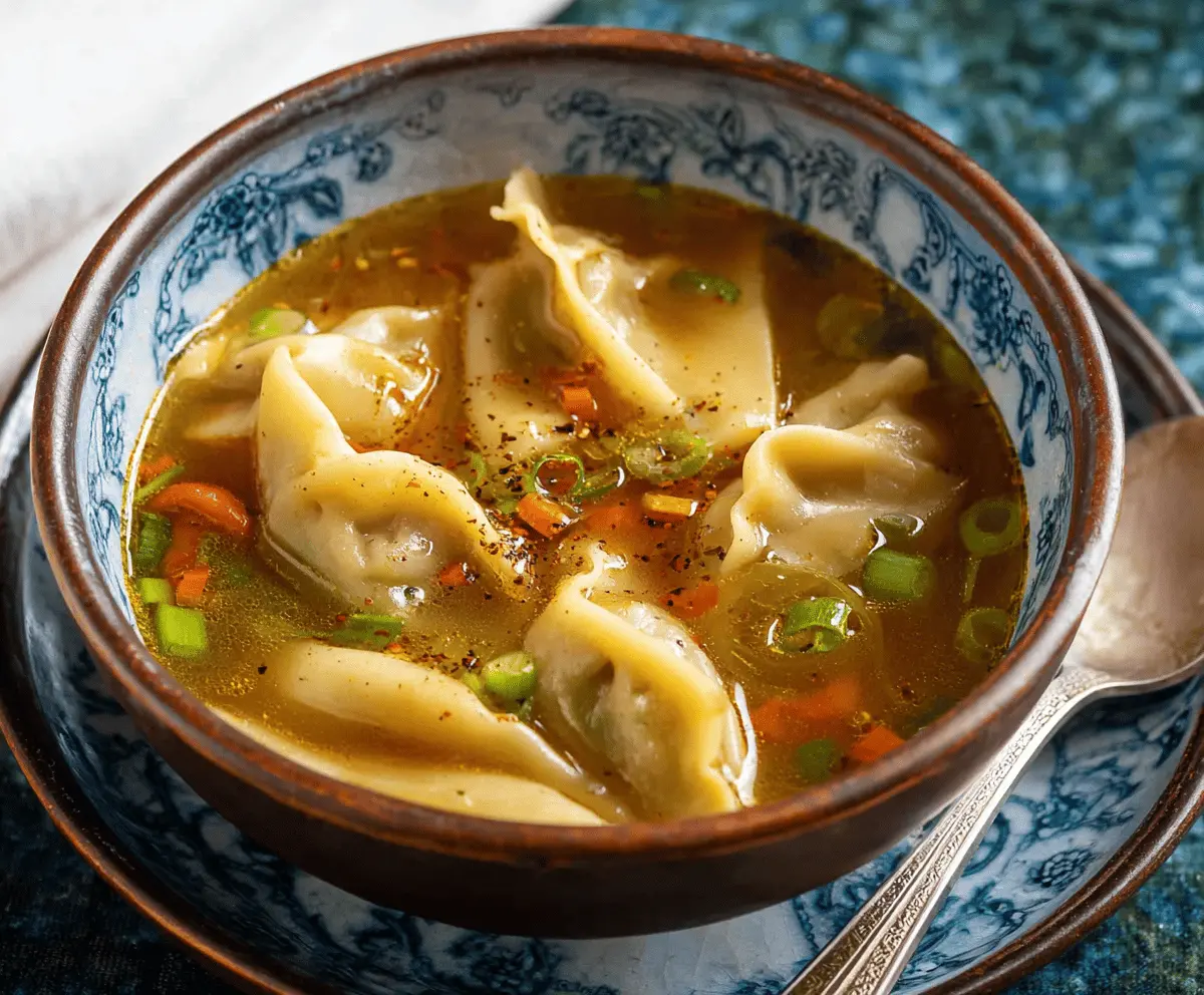 Bowl of steaming easy potsticker soup with vegetables and broth, perfect for comfort food lovers.