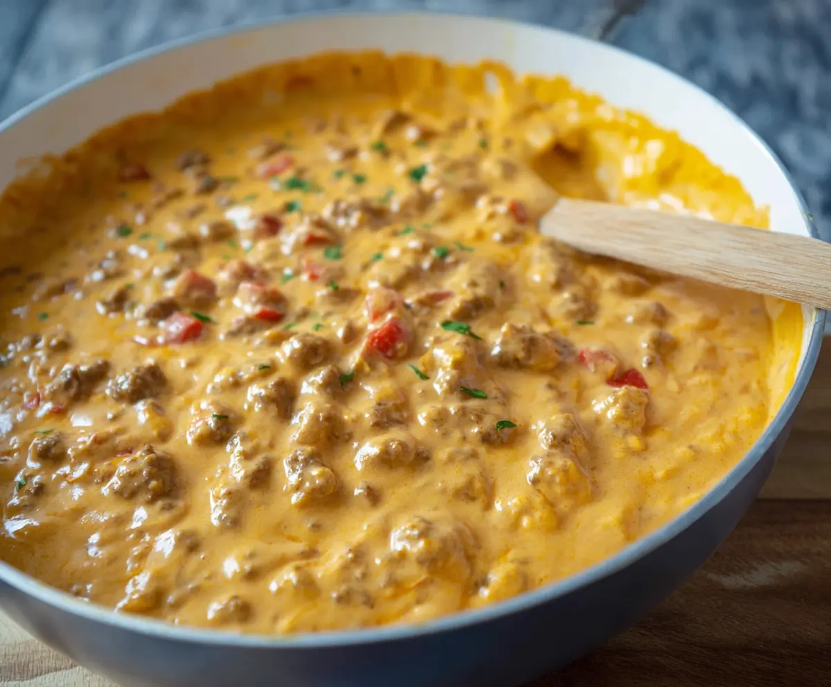 Creamy Rotel dip with sausage served in a bowl, perfect for parties and snacks.