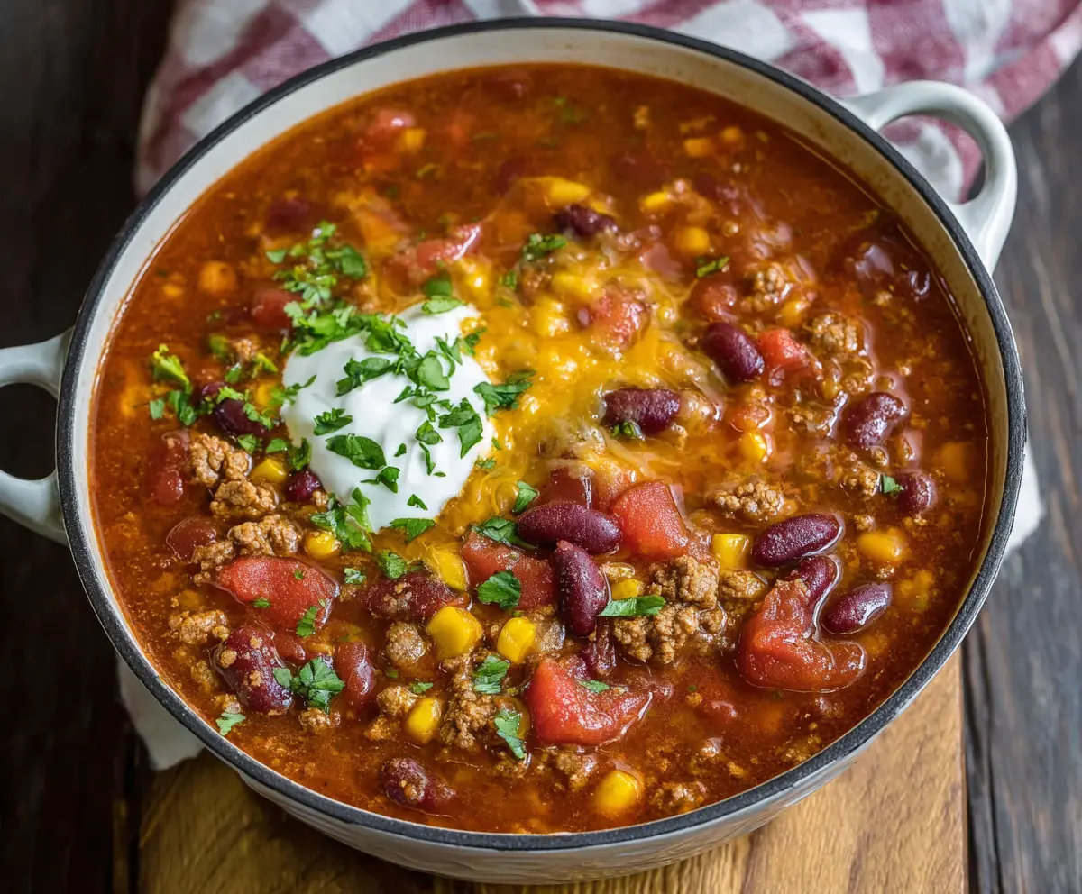 Delicious Easy Taco Soup with ground beef, beans, and vegetables in a bowl