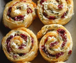 Delicious flaky cranberry cream cheese pinwheels sliced open to reveal a vibrant filling.
