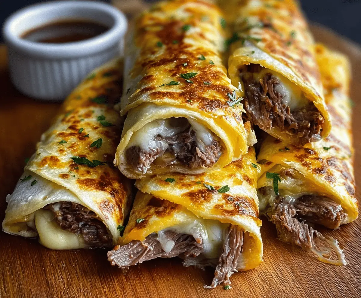 Delicious French Dip Tortilla Roll Ups filled with tender roast beef and melted cheese, perfect for appetizers or snacks.
