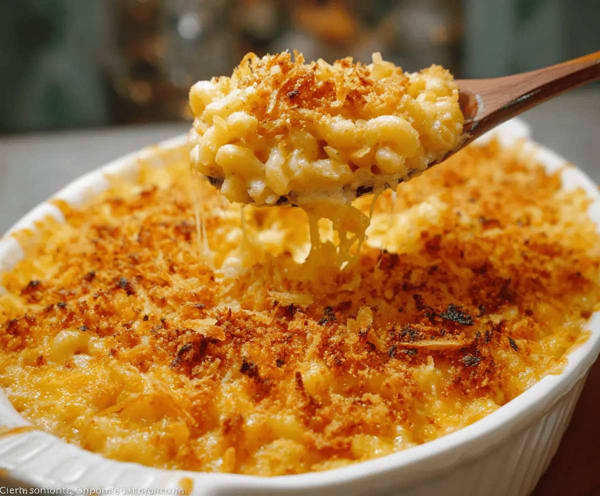 Delicious gourmet baked mac and cheese topped with a crispy crunchy crust served in a white baking dish.