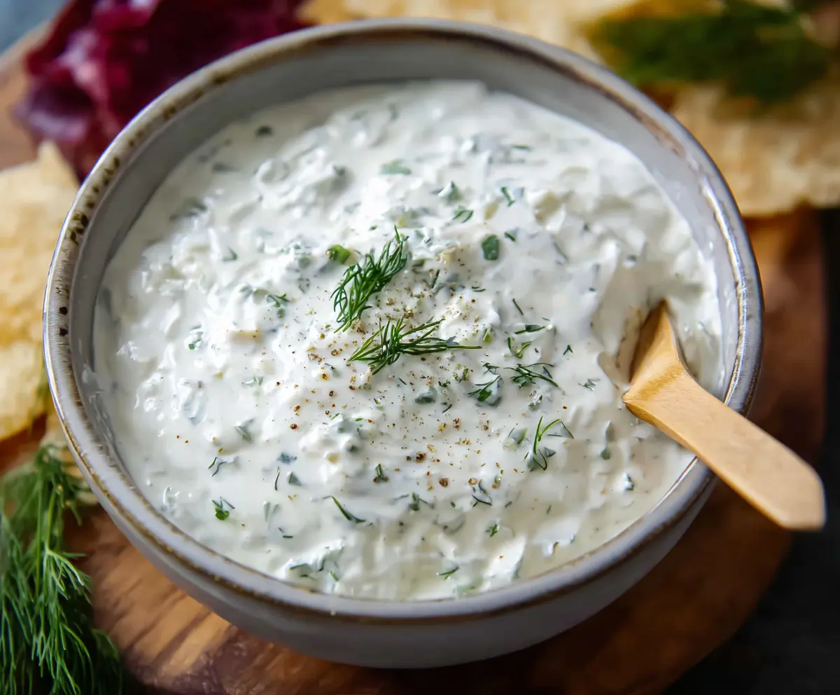 Creamy Greek Yogurt Ranch Dip served with fresh vegetable sticks.