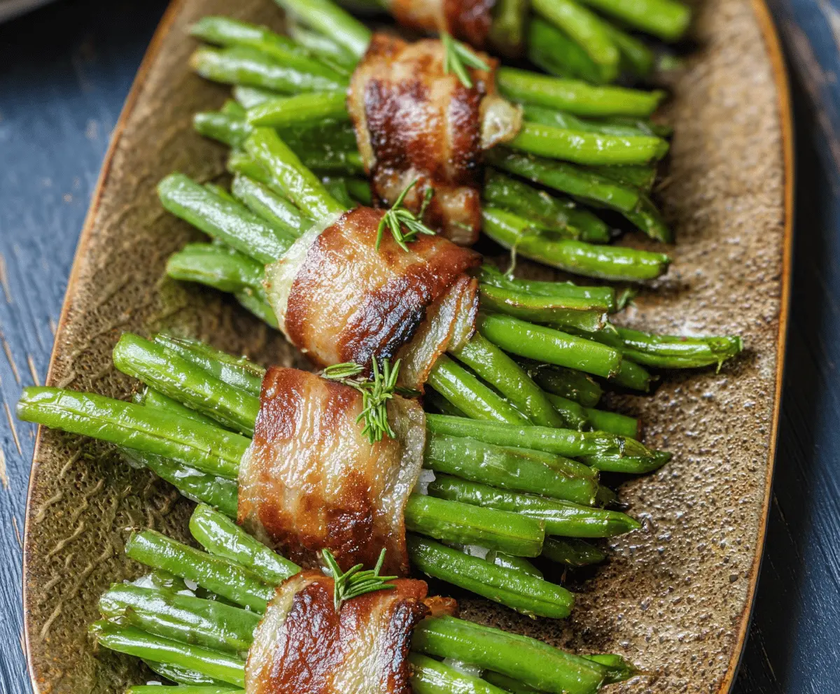 Delicious green bean bundles wrapped with bacon on a serving platter