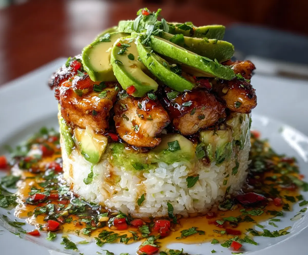 Delicious Honey Lime Chicken and Avocado Rice Stack served on a white plate with fresh ingredients