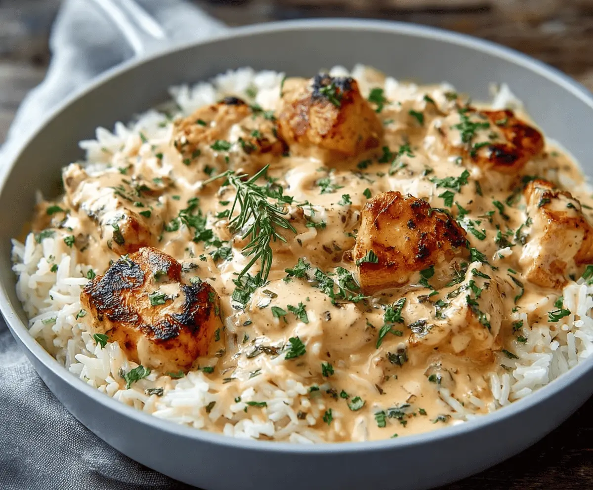 Delicious creamy smothered chicken served over fluffy rice with savory gravy.