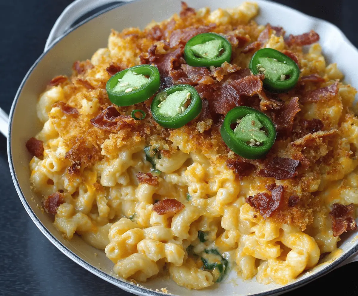 Creamy Jalapeño Popper Macaroni and Cheese topped with crispy bacon and melted cheese