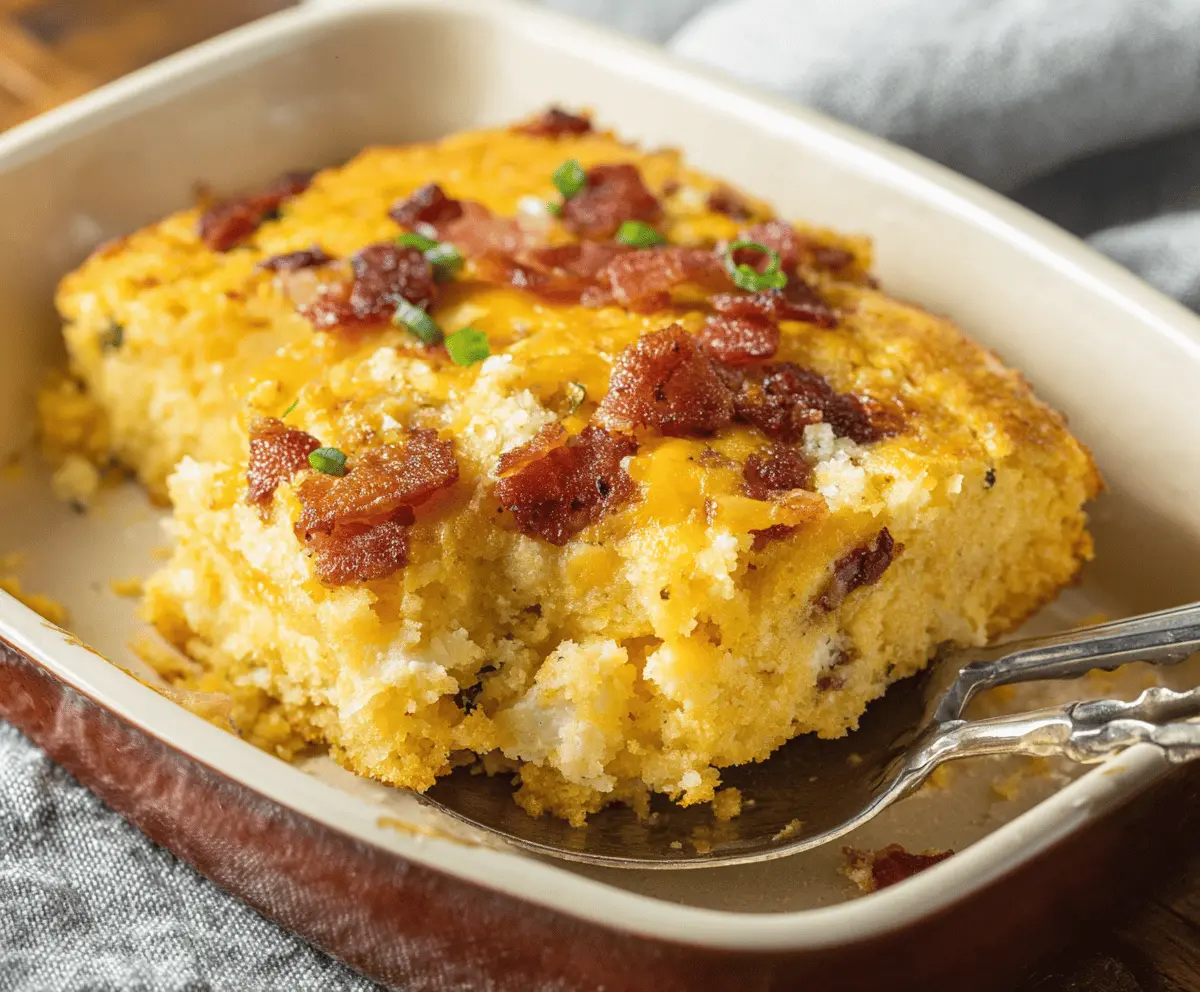 Delicious loaded cornbread casserole topped with cheese and bacon, served in a baking dish.