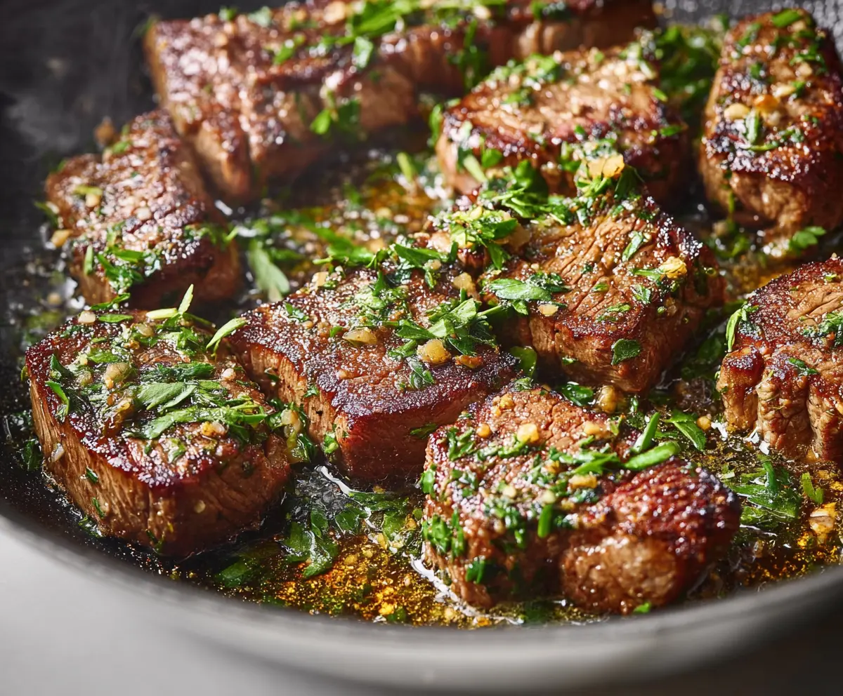 Juicy garlic butter steak cooked to perfection, garnished with fresh herbs on a rustic wooden table.