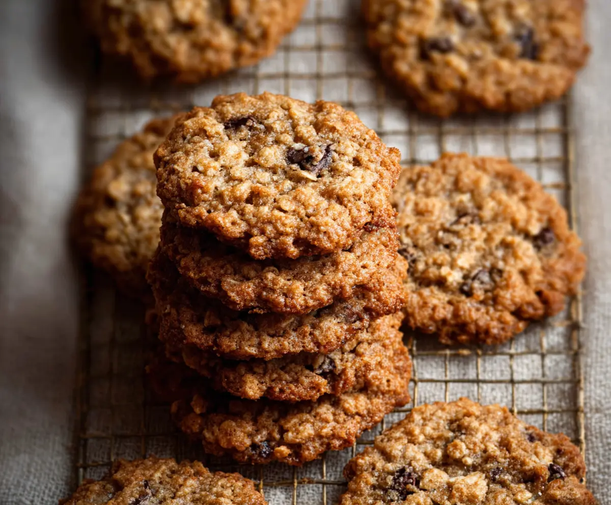 Delicious homemade oatmeal cookies with raisins and oats on a baking tray.