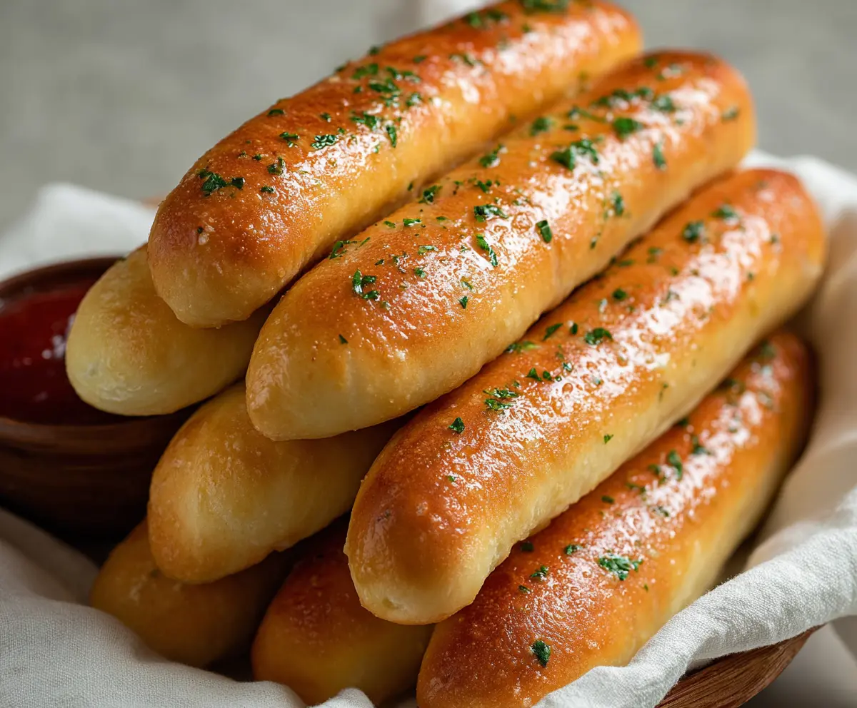 Delicious golden Olive Garden breadsticks on a plate, perfect for dipping in marinara sauce.