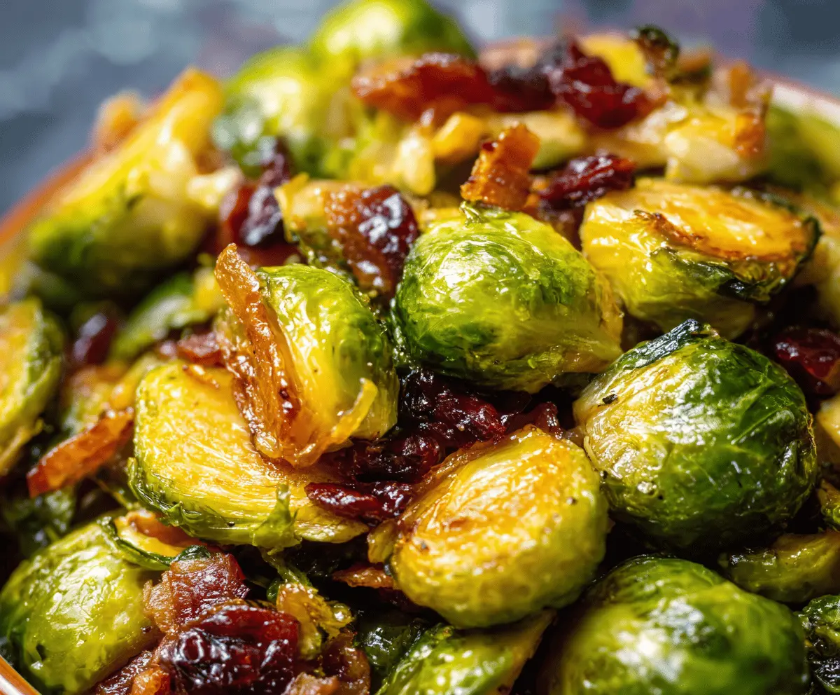 Bright orange and green Brussels sprouts glazed with maple syrup and topped with fresh cranberries for a festive holiday side dish.
