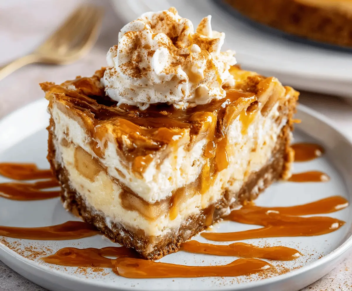 Delicious Salted Caramel Apple Pie Cheesecake with caramel drizzle and apple slices on top