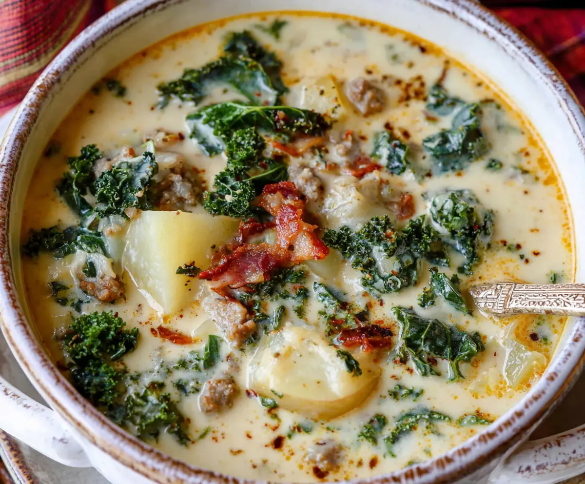 Hearty sausage, potato, and kale soup in a rustic bowl, perfect for cold days