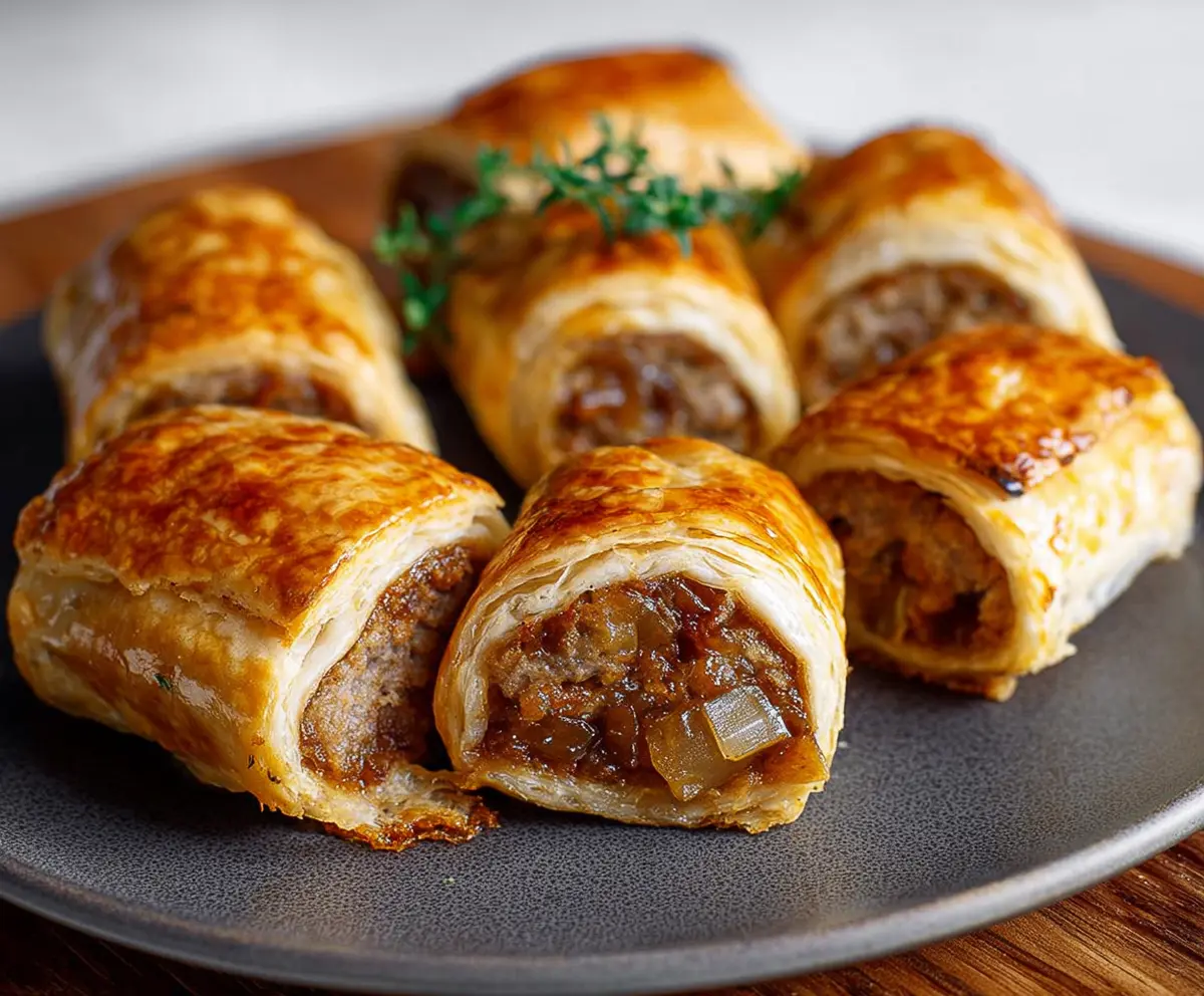 Delicious French onion sausage rolls with golden crust and savory filling, perfect for appetizers.