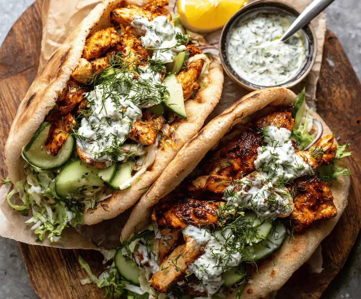 Delicious sheet pan chicken pitas topped with fresh herbs and creamy herby ranch sauce.