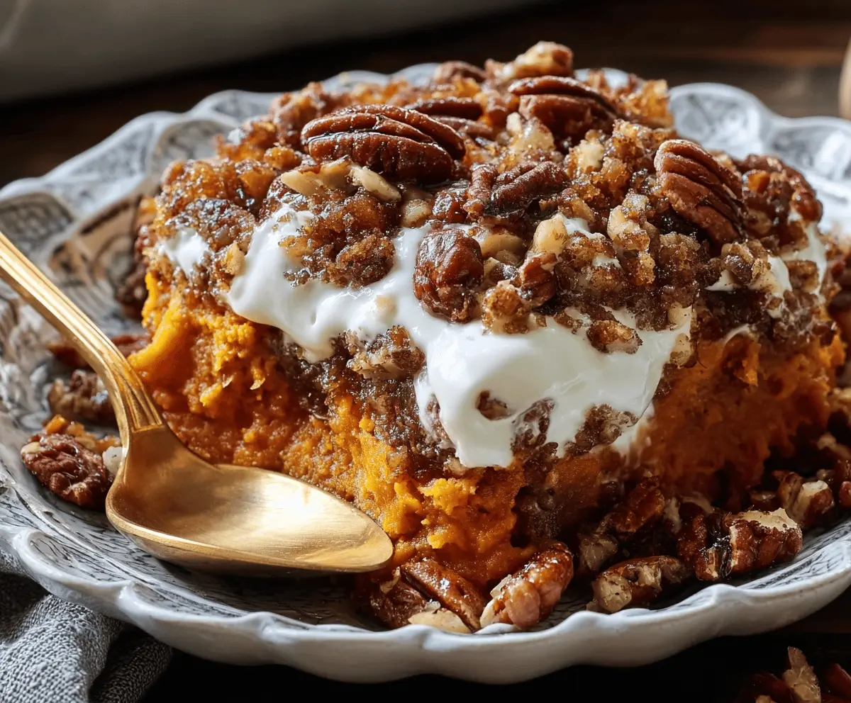 Delicious Southern Maple Sweet Potato Casserole topped with marshmallows and pecans.
