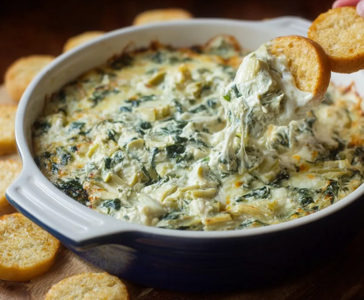 Creamy spinach and artichoke dip served with fresh bread for a delicious appetizer.
