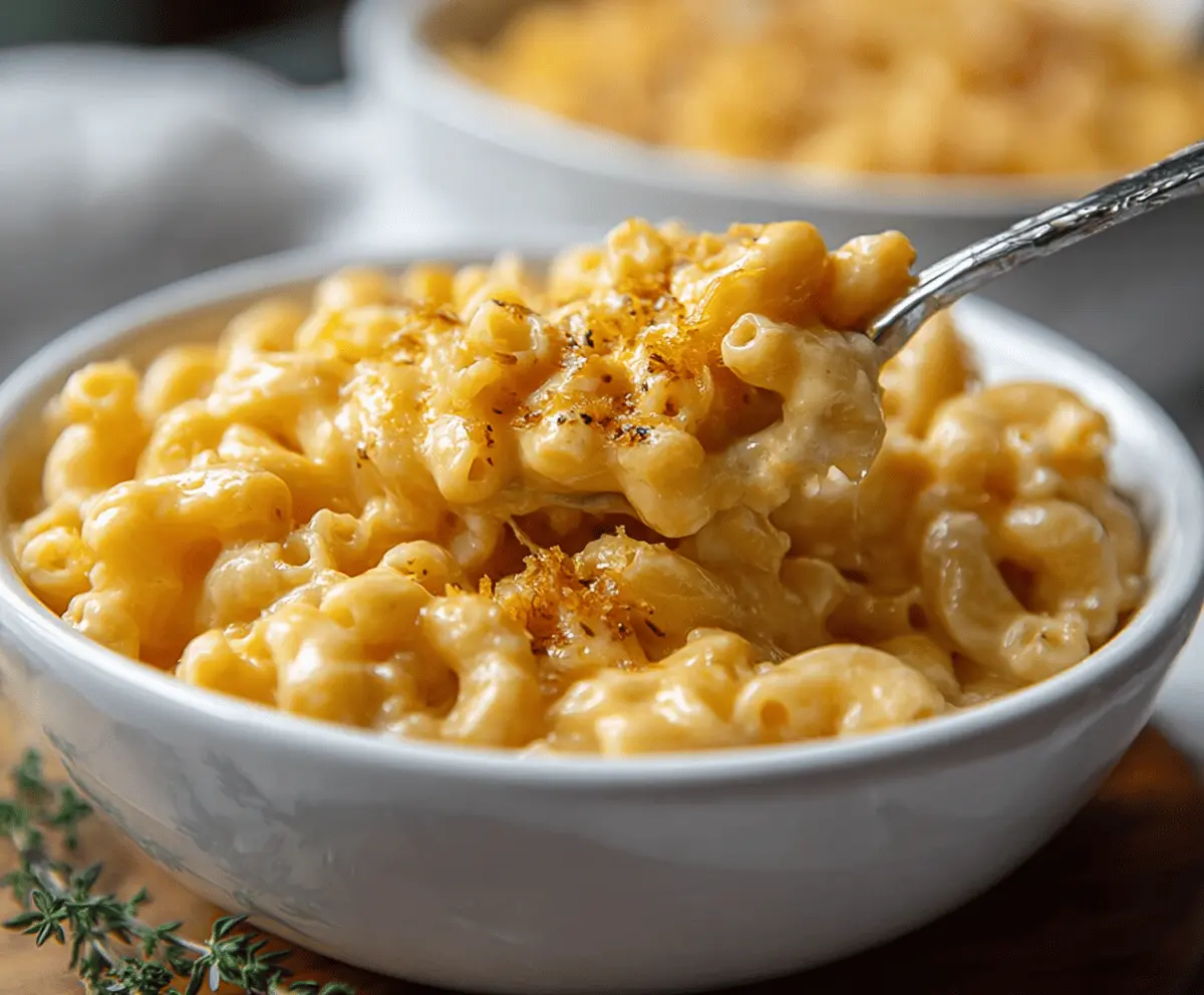 Creamy stovetop Gouda mac and cheese served in a rustic bowl with a golden crust topping.