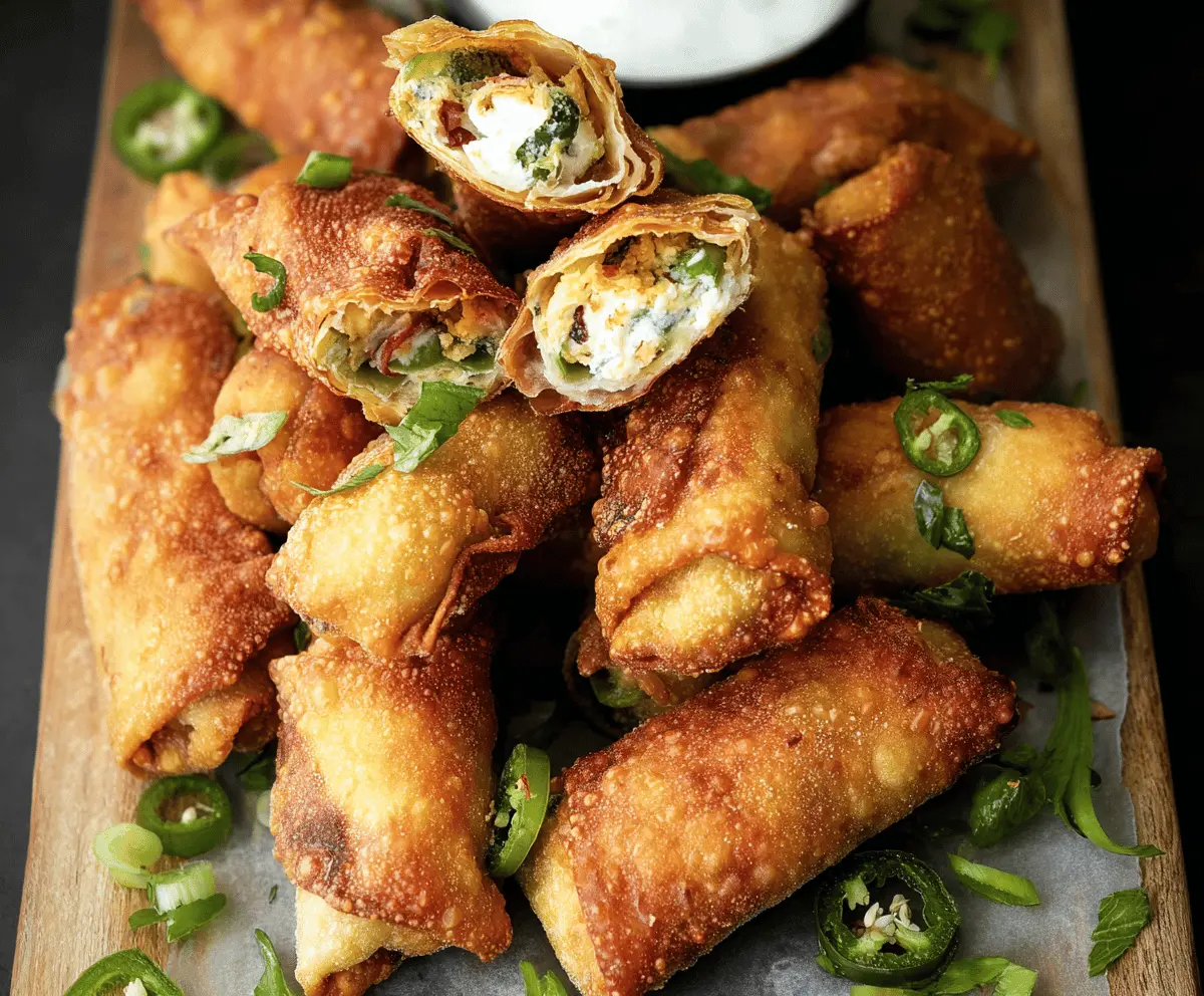 Crispy mini jalapeno popper egg rolls filled with cheese and jalapenos on a plate.